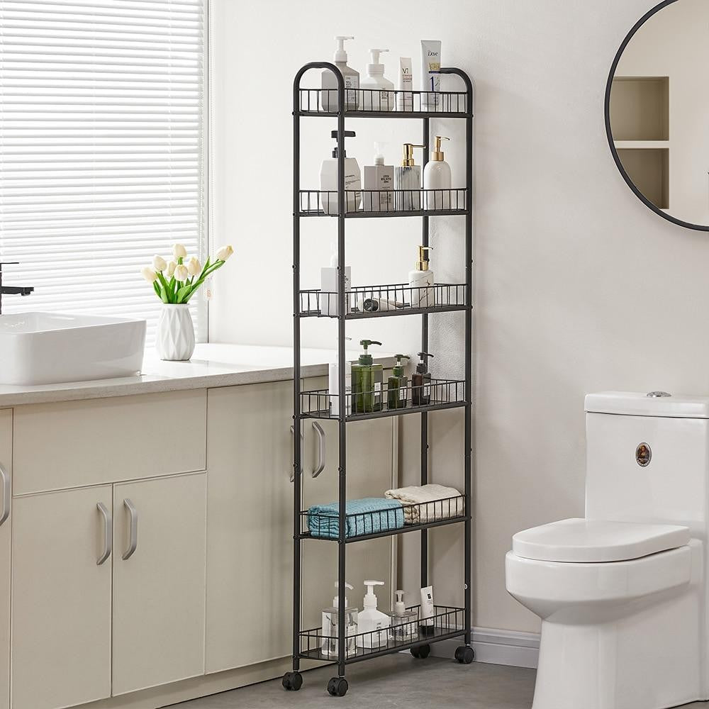 ya 28  6 Tier Storage Cart Black Metal Rolling Cart Lockable Wheels Kitchen Organizer