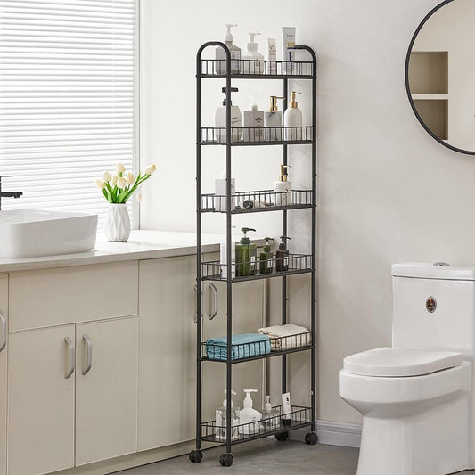 ya 28  6 Tier Storage Cart Black Metal Rolling Cart Lockable Wheels Kitchen Organizer