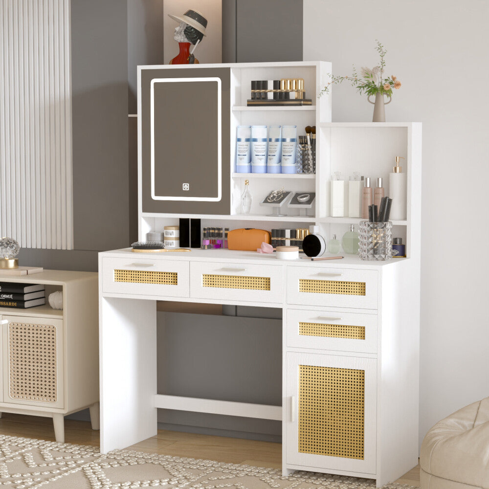 ya 28 White Makeup Vanity w/3 Color Lights Open Mirror 4 Drawers Cabinet Shelves
