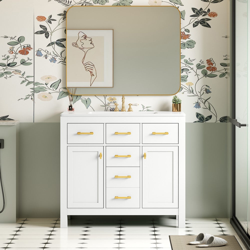 ya 28 Modern 36'' Solid Wood White Bathroom Vanity - Ceramic Sink,4 Drawers+2 Cabinets