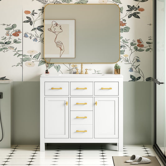 ya 28 Modern 36'' Solid Wood White Bathroom Vanity - Ceramic Sink,4 Drawers+2 Cabinets