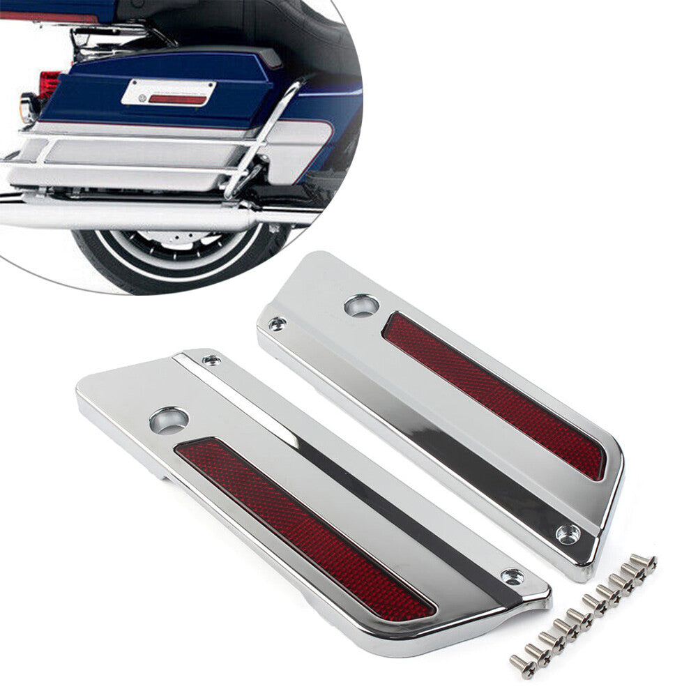 ya 12 5.21 Chrome Saddlebag Guard Latch Cover w/Red Reflectors for Harley Touring 1993-2013
