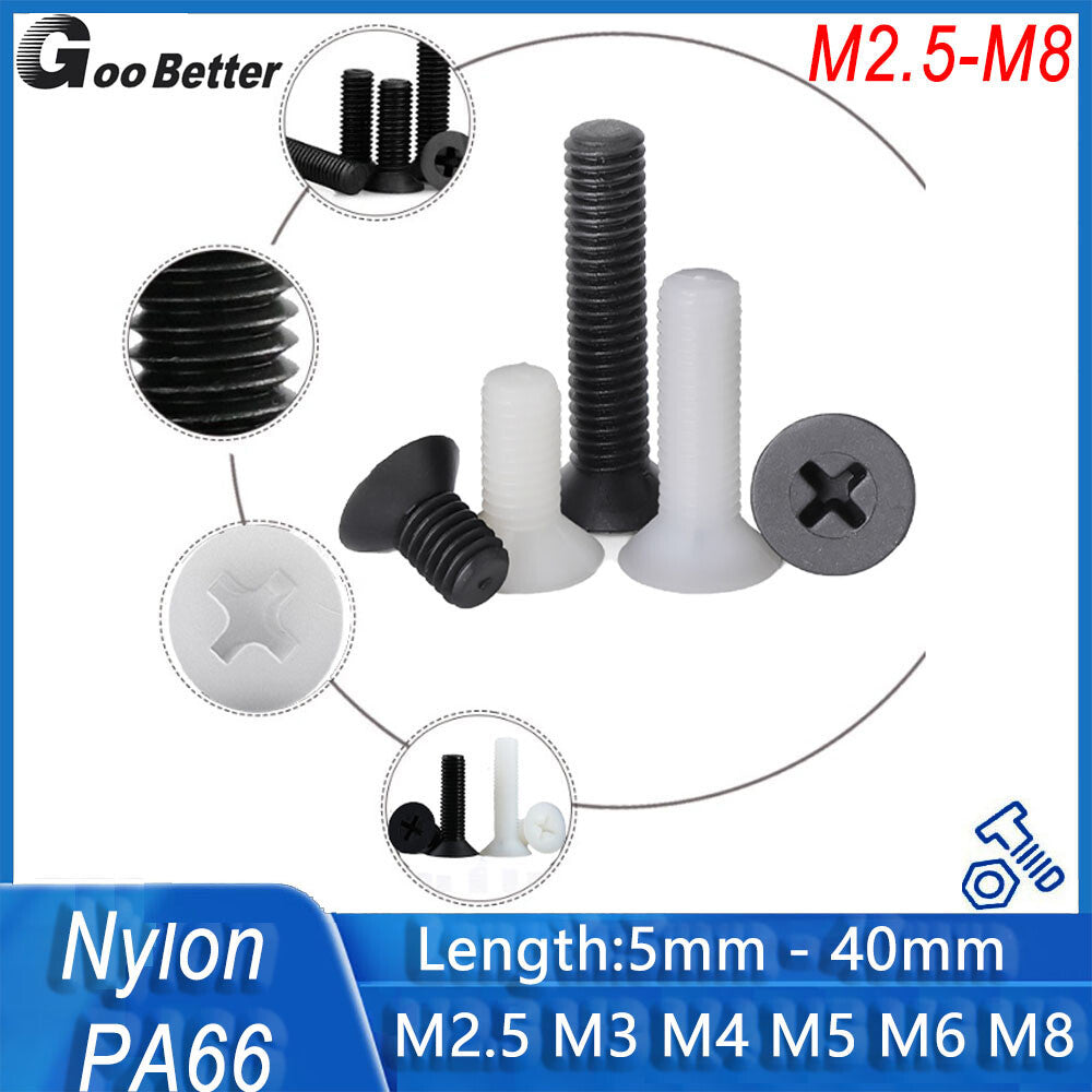 Nylon Countersunk Flat Head Screws White & Black Plastic Phillips Bolts M2.5-M8