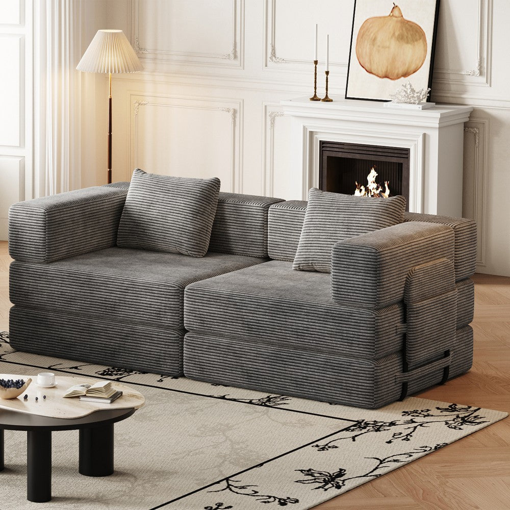 ya 28 72.4 Grey Convertible Corduroy Sofa Bed,2 Side Storage Pockets, 2 Cushions