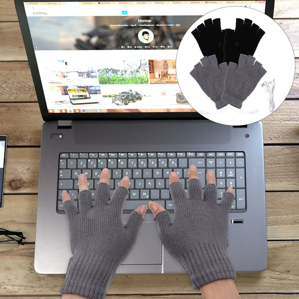 ya 2 7.16 2 Pairs USB Heated Gloves Woolen Winter Thermal Heated Half Finger Gloves