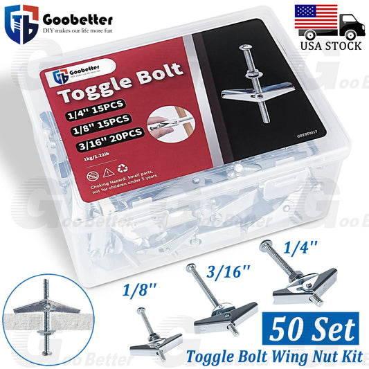 1/8'' 3/16'' 1/4'' Toggle Bolt Wing Nut Kit for Hanging Heavy Items on Drywall