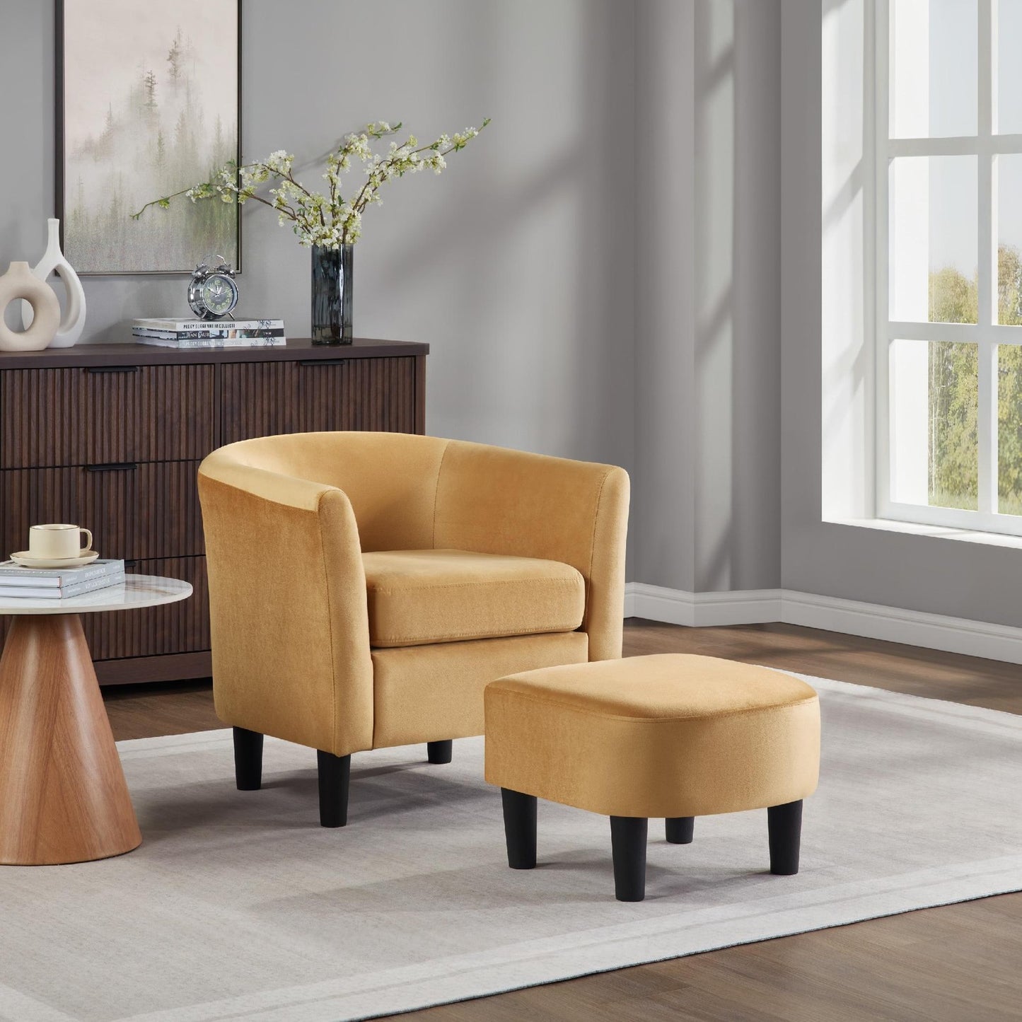 ya 28 For Living Room Velvet Accent Chair & Ottoman Set Modern Barrel Armchair Yellow