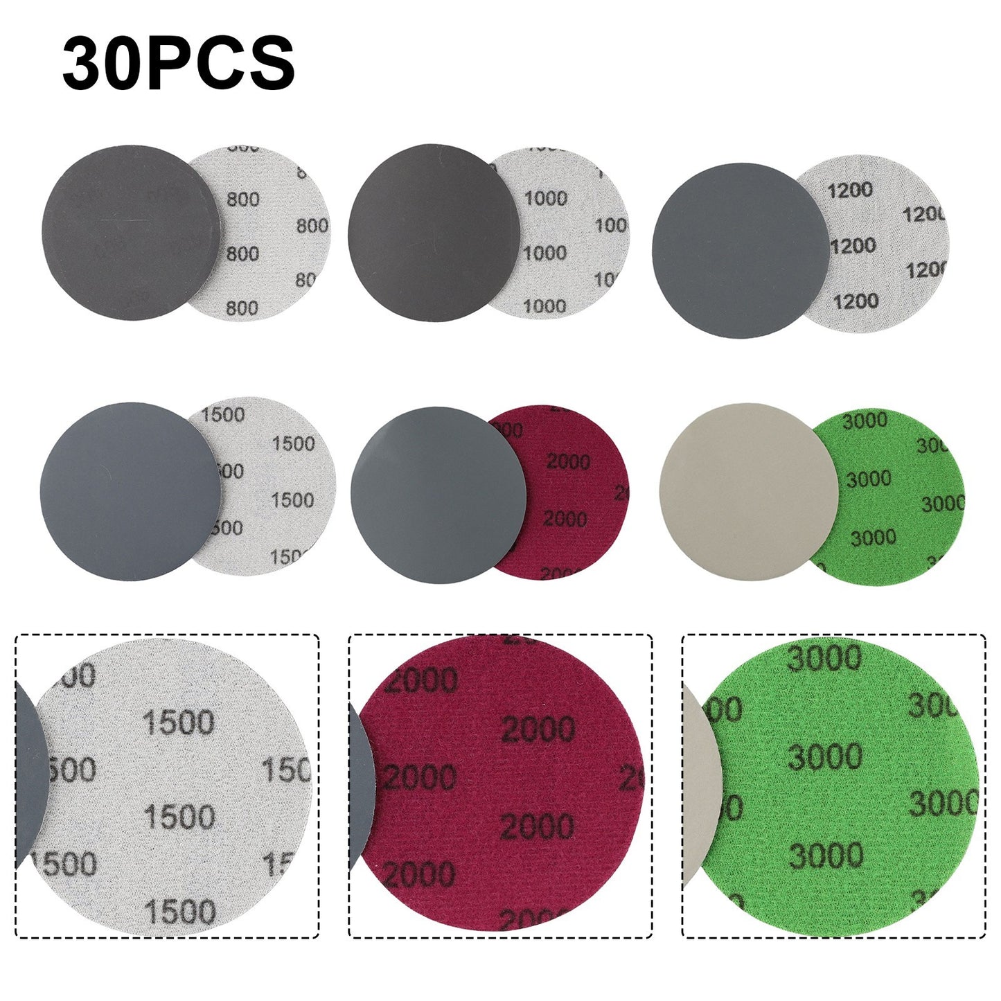 ya 14 30pcs 3 75mm Hook Loop Wet/Dry 800 1000 1200 1500 3000 Grit Sanding Discs New