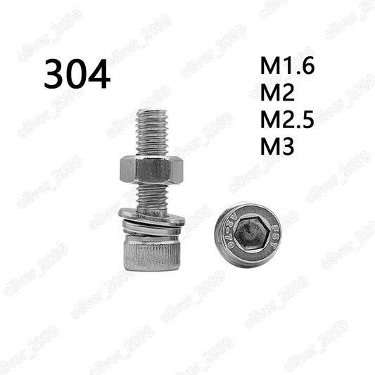 304 Stainless Steel Hex Socket Bolts Cap Head With Hex Nuts Flat Spring Washers