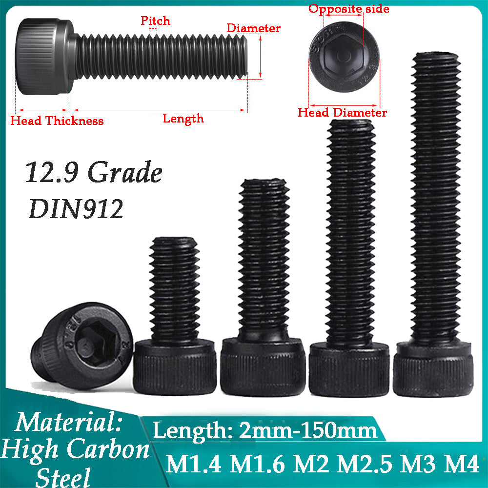 10 PCS Hexagon Hex Socket Cap Head Screw Bolt 12.9 Grade DIN912 Black M1.4 to M4