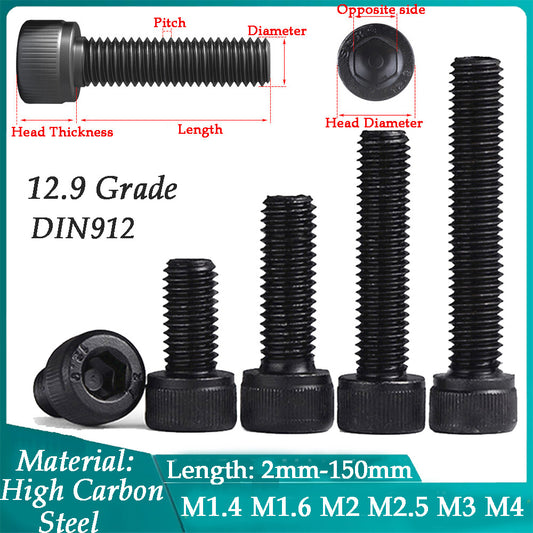 10 PCS Hexagon Hex Socket Cap Head Screw Bolt 12.9 Grade DIN912 Black M1.4 to M4