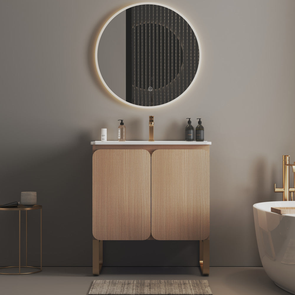 ya 28 30 Light Oak Wood Modern Bathroom Vanity - Wall Mounted, Ceramic Sink, 2 Doors