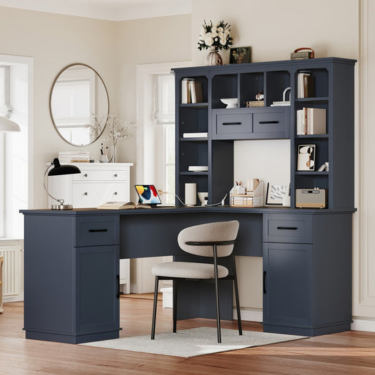 ya 28 L-Shaped Computer Desk - 2 Cabinets&2 Drawers, 11 Open Shelves Antique Blue 