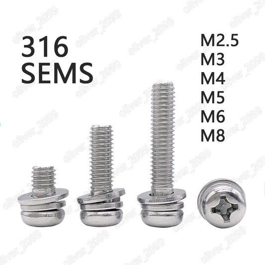 316 Stainless Steel Phillips Pan Head SEMS Screws Flat Spring Washers M2.5-M8