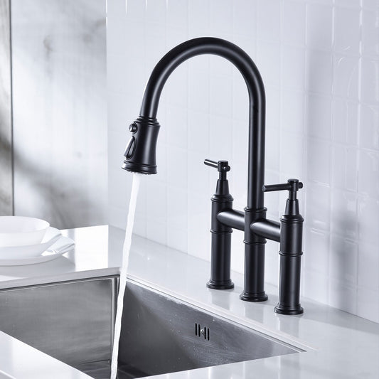 ya 28  Bridge Kitchen Faucet Matte Black with Pull Down Sprayer 360-degree Rotation