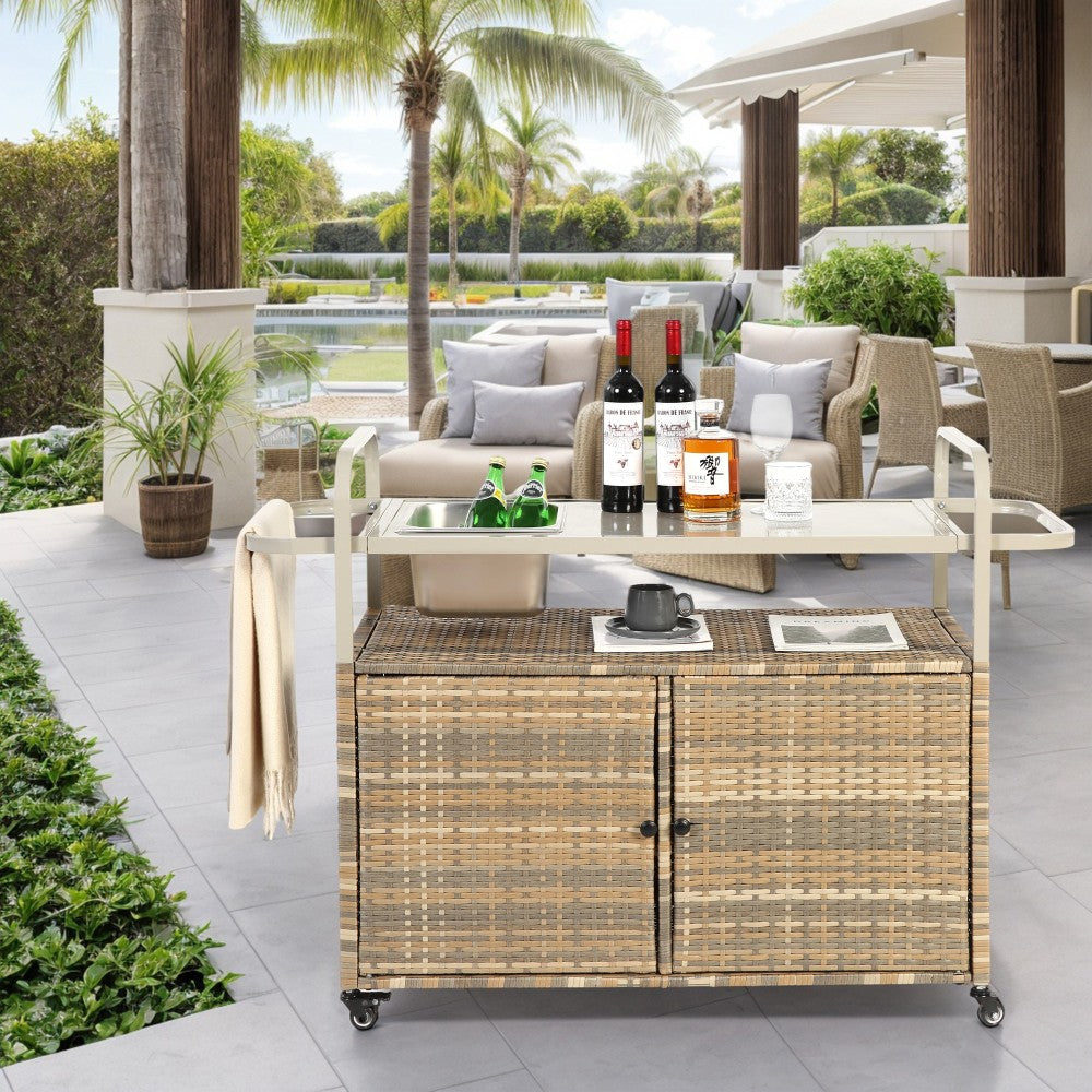 ya 28 Wicker Beige Bar Cart/Table - Steel Top, Cabinet, 1 Ice Bucket, Lockable Wheels