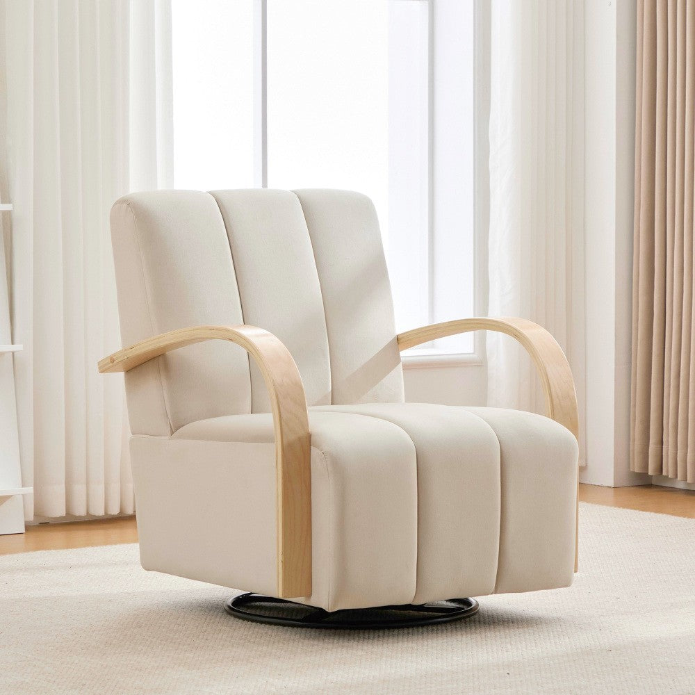 ya 28 30.7W Beige Modern Accent Chair - 360¡« Swivel, Solid Wood Armrests for Bedroom