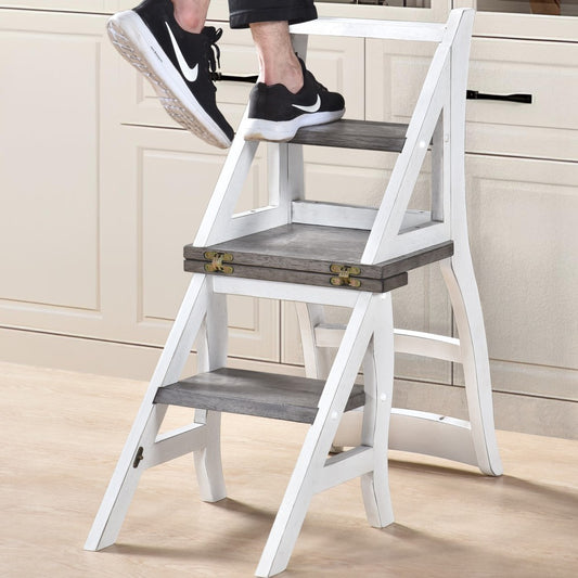 ya 28 Foldable Ladder Chair Solid Wood 2-in-1 Step Stool Display Stand Farmhouse Style