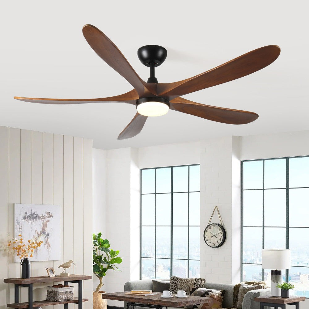 ya 28 62 Brown Solid Wood 5-Blade Ceiling Fan - W/LED Light/Remote, DC Motor