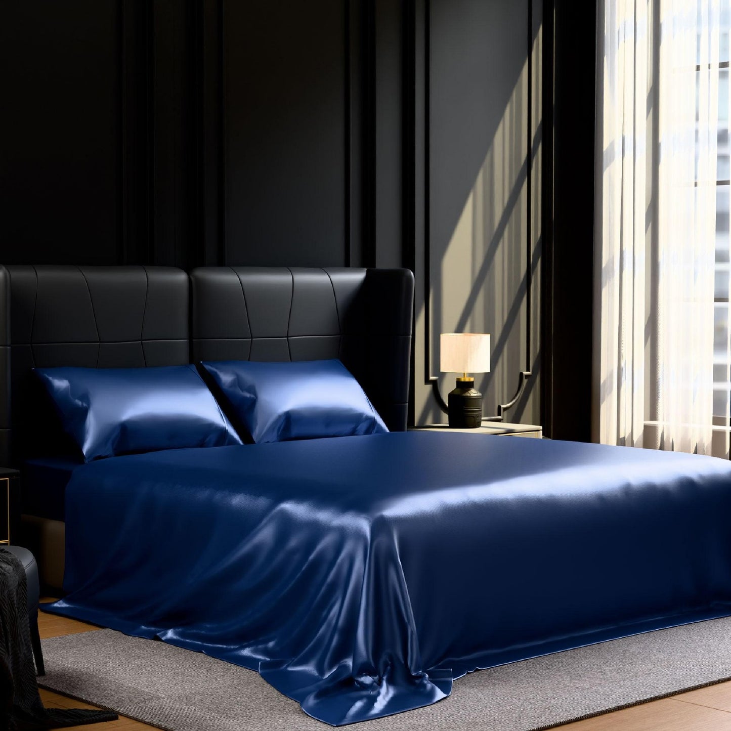 ya 28 King Size Satin Bed Sheets Set 4Pcs Navy Blue Silky Bedding 15 Deep Pocket