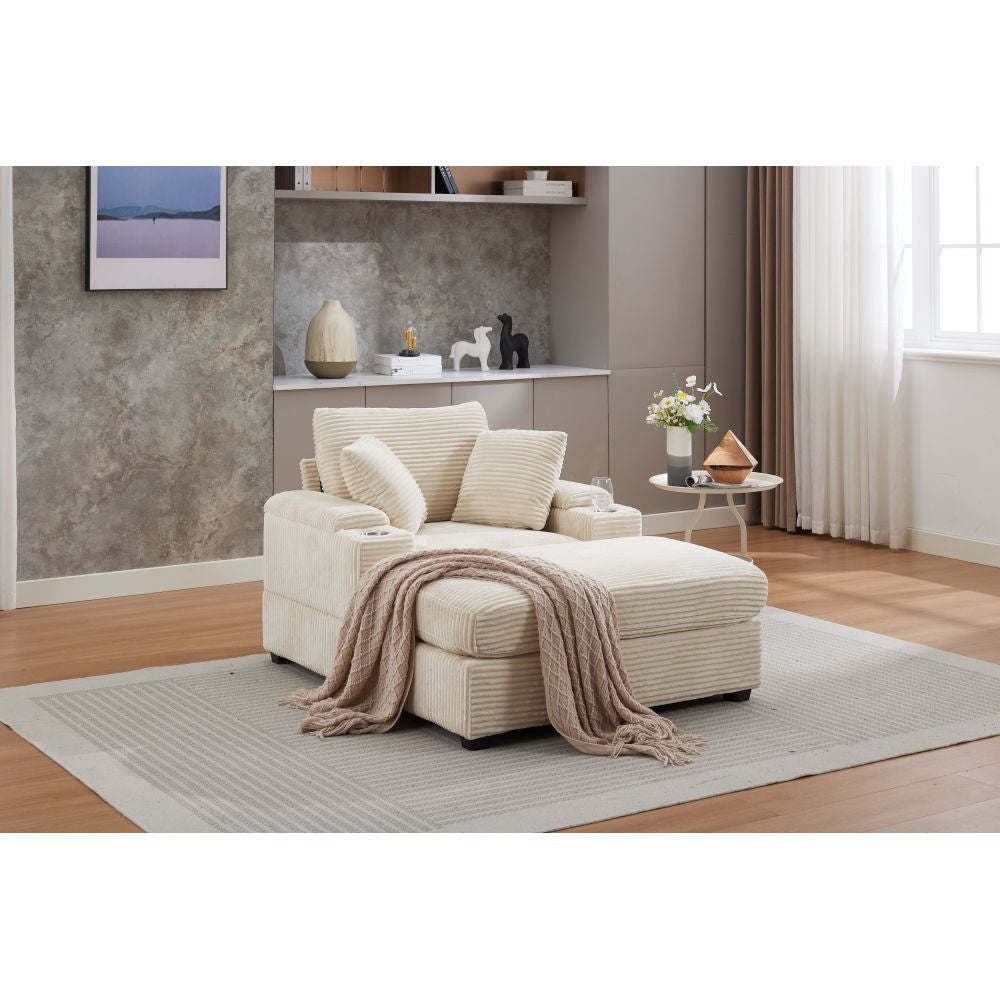 ya 28 Corduroy Upholstered Beige Chaise Lounge Sofa,w/Ottoman,Detachable Cushions
