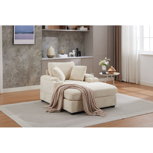 ya 28 Corduroy Upholstered Beige Chaise Lounge Sofa,w/Ottoman,Detachable Cushions