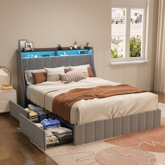 ya 28 Light Grey Queen Size Bed Frame w/ LED, 4 Under-Bed Drawers, Wing Headboard