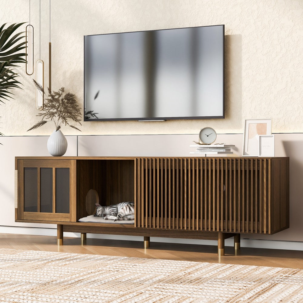 ya 28 Modern 2-IN-1 TV Stand Walnut ÿ Cat Furniture, Cat House w/Sliding Glass Door