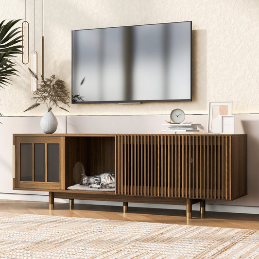 ya 28 Modern 2-IN-1 TV Stand Walnut ÿ Cat Furniture, Cat House w/Sliding Glass Door