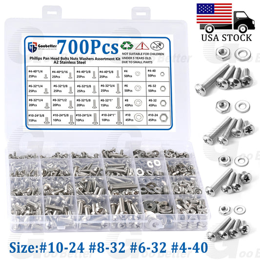 #4 #6 #8 #10 Phillips Pan head Screws Bolts Nut Flat Washer Kit Stainless Steel