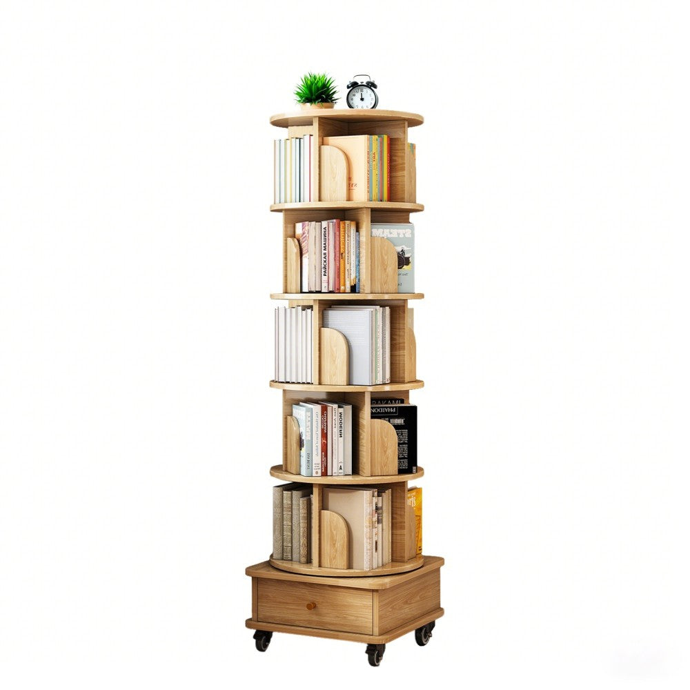 ya 28 360¡« Rotation & Drawer 6-Tier Spinning Bookshelf Wood Color with Wheels