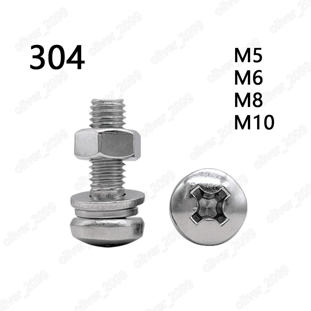 304 Stainless Steel Phillips Pan Head Screws Hex Nuts Flat Spring Washers M5-M10