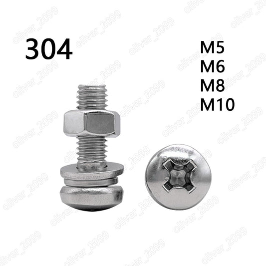 304 Stainless Steel Phillips Pan Head Screws Hex Nuts Flat Spring Washers M5-M10