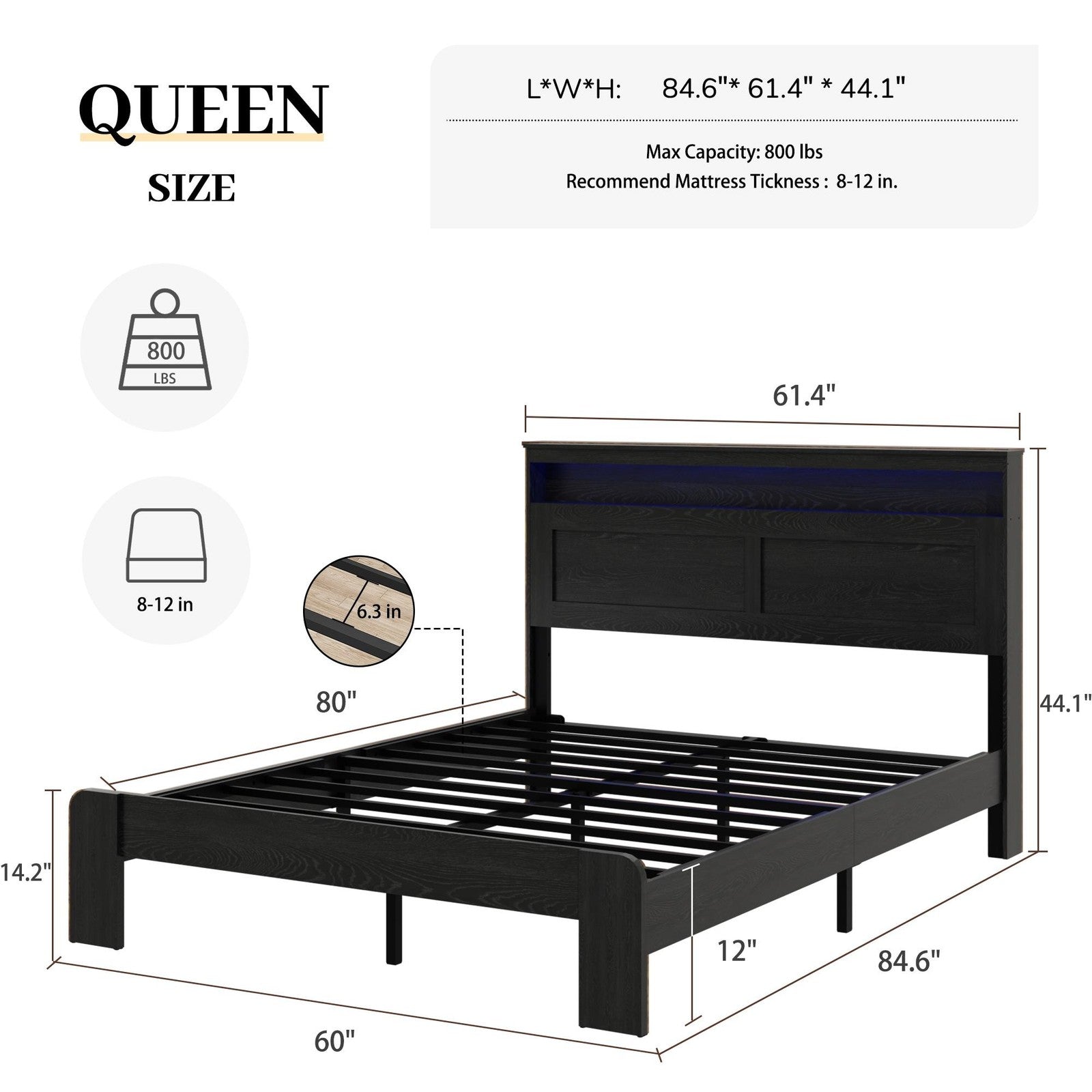 ya 28 Queen Bed Frame with Storage & LED Headboard | 2 USB Ports  No Box Spring Needed