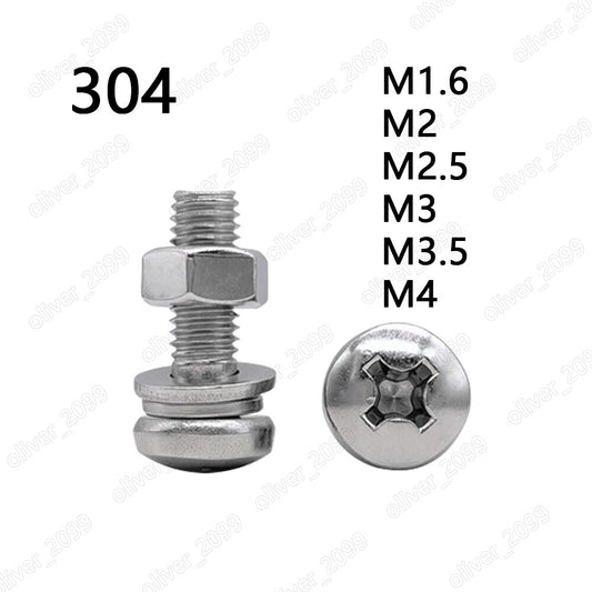 304 Stainless Steel Phillips Pan Head Screws With Hex Nuts Flat Spring Washers