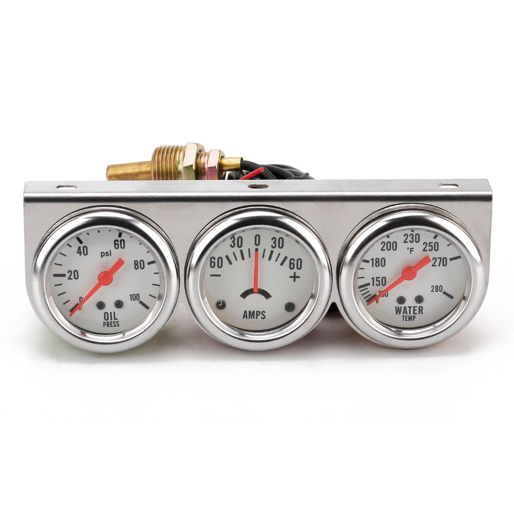 ya 2 6.26 Universal 2' 52mm Chrome Volt Water Oil Pressure Triple 3 Gauge Set Instrument Group