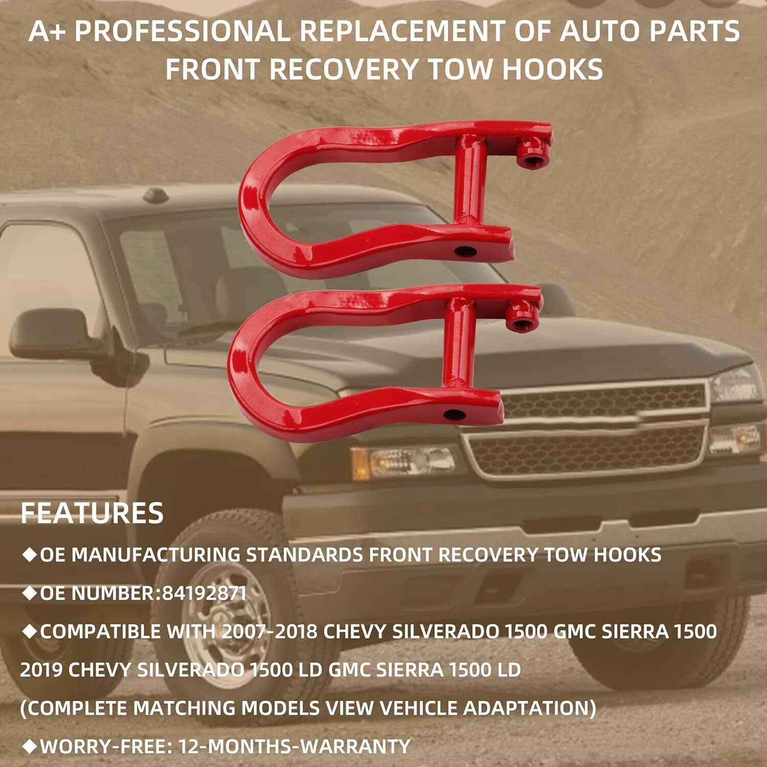 ya 5 8.7 1 pair of red tow hooks for Chevrolet for GMC for Silverado for Sierra 1500 2007 - 2019 84072463