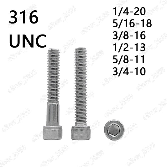 316 Stainless Steel DIN912 Hex Socket Bolts Cap Head Screws 1/4 5/16 3/8 1/2 3/4