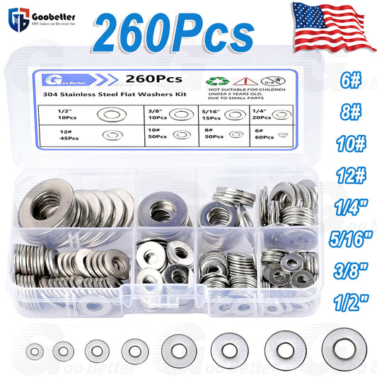 260PCS Stainless Crush Washer Gasket Set Flat O-Ring Seal Assortment #6~1/2  Kit