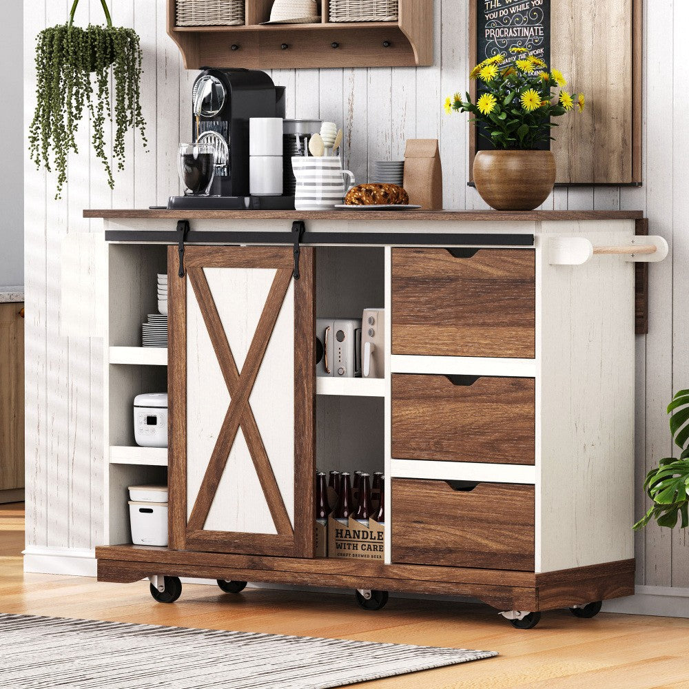 ya 28 55.5 Farmhouse Rolling Kitchen Cart with Drop Leaf, Spice Rack, White