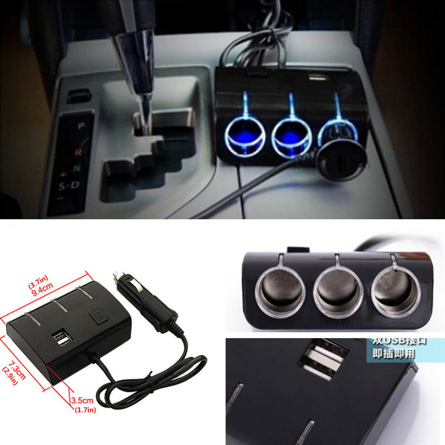 ya 2 6.26 Car USB Port 3 Way Port Cigar Lighter for Charger Socket Adapter Phones Tablet Black