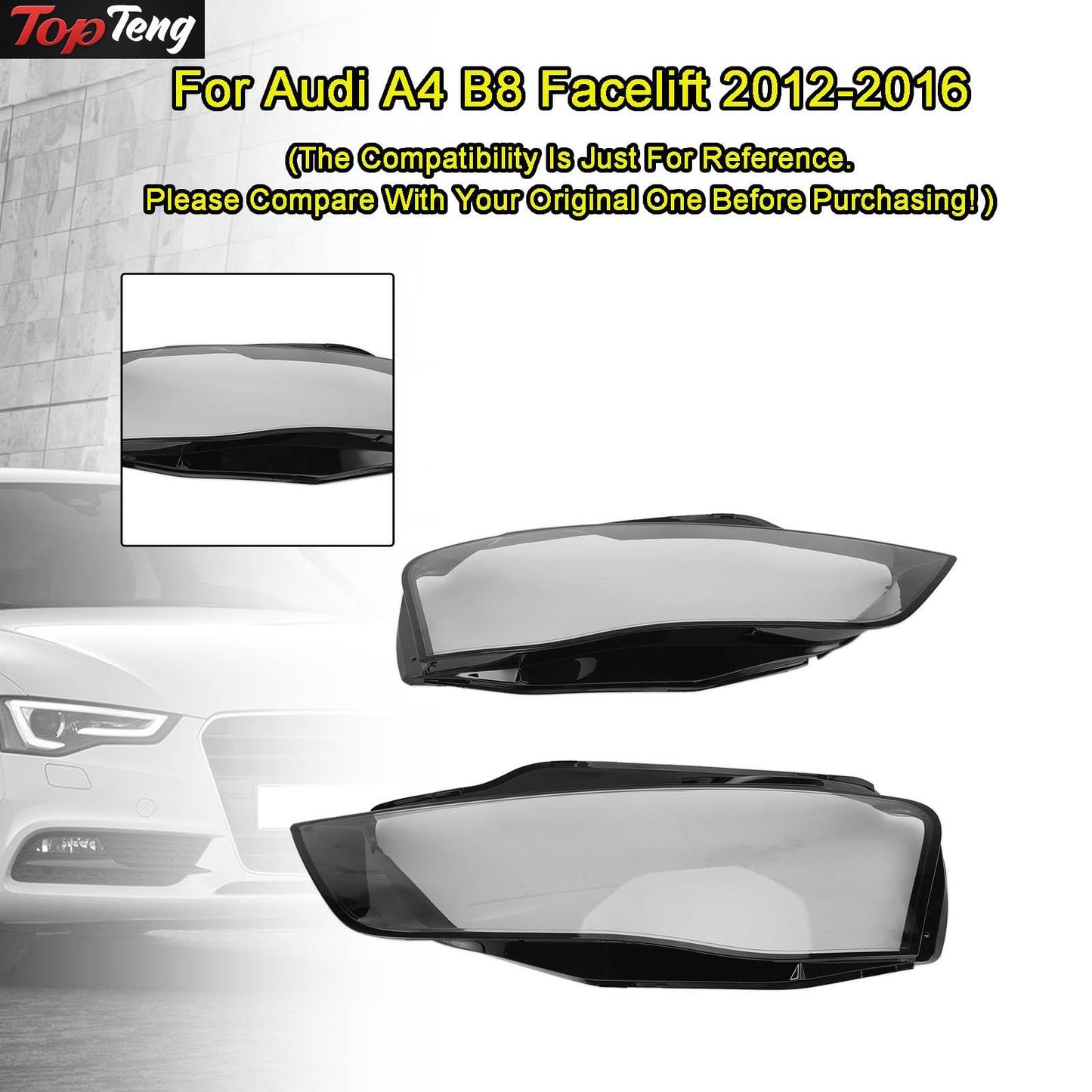 ya 1 8.5.1 Left +Right Headlight Lens Plastic Cover Shell for Audi A4 B8 Facelift 12-16