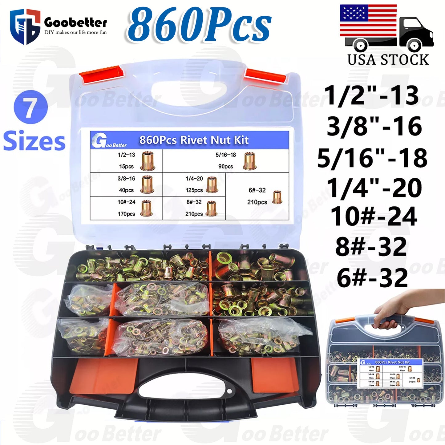 860Pcs Rivet Nut Kit UNC Rivnut Nutsert Assortment #6-32 #8-32 #10-24 1/4  5/16