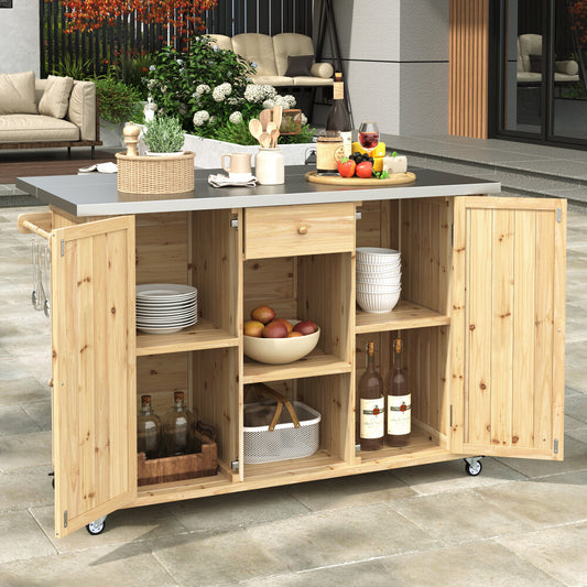 ya 28 Fir Wood Kitchen Island Outdoor w/Stainless Steel Top Ample Storage ,Natural