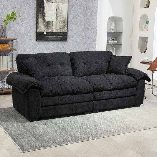 ya 28 84 Black Chenille Sofa - Deep Seat, Memory Foam,2 Throw Pillows for Living Room