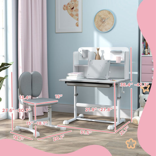 ya 28 Kids Height Gray Adjustable Desk & Chair Set, Tilt Desktop,Reading Rack
