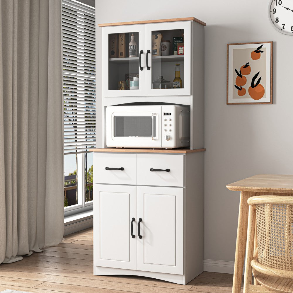 ya 28 Wooden White Kitchen Cabinet,Microwave/Pantry Storage,Framed Glass Doors+Drawer