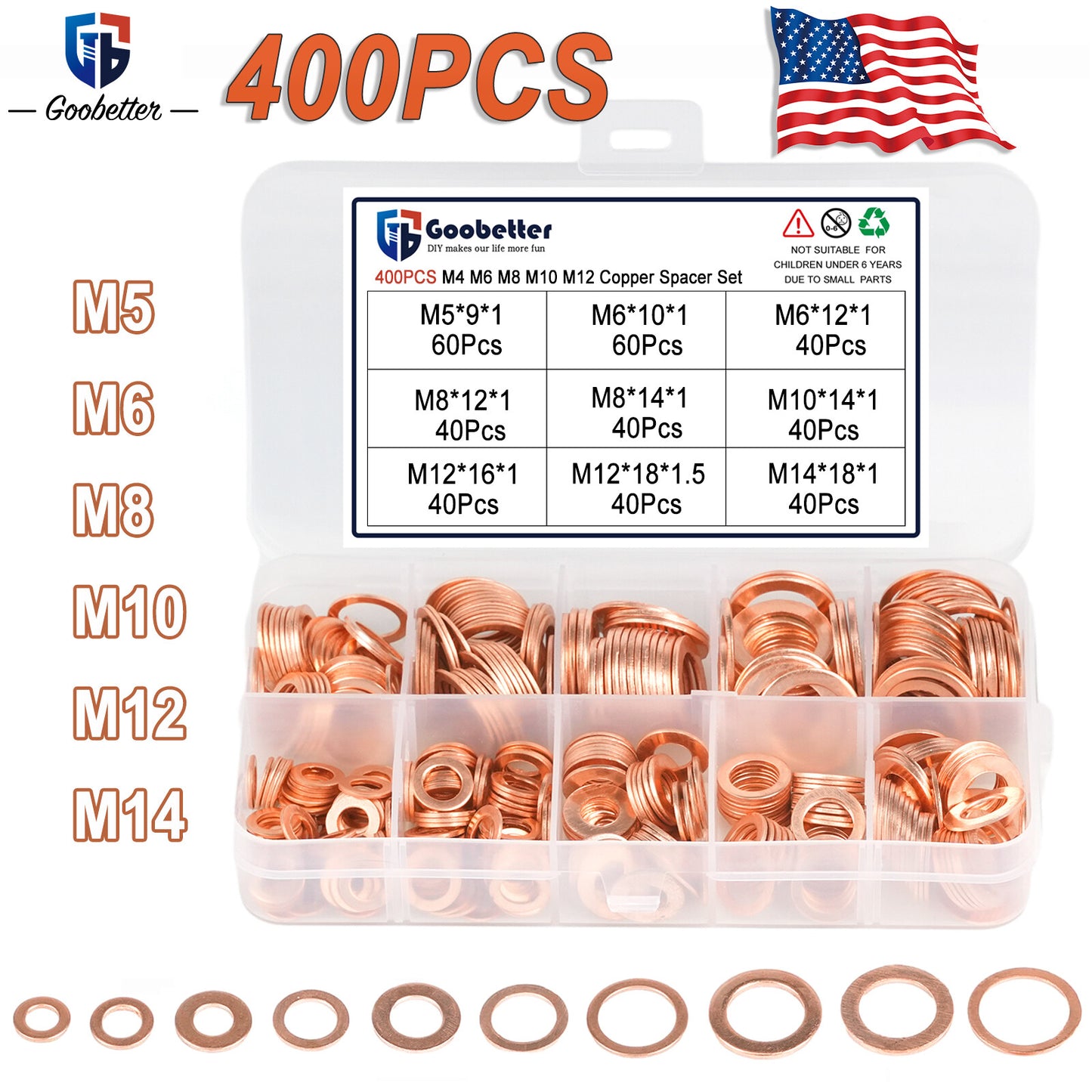 400PCS Solid Copper Crush Washers Set O-Ring Seal Flat Gasket Assortment Kits