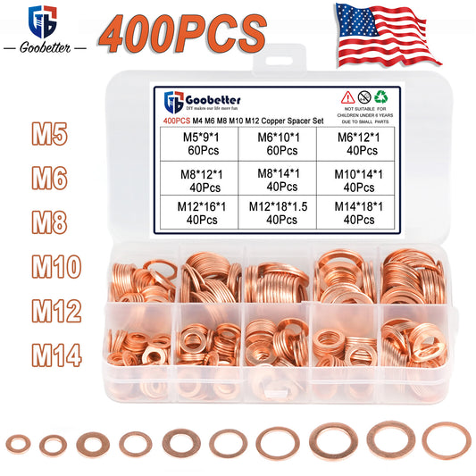 400PCS Solid Copper Crush Washers Set O-Ring Seal Flat Gasket Assortment Kits