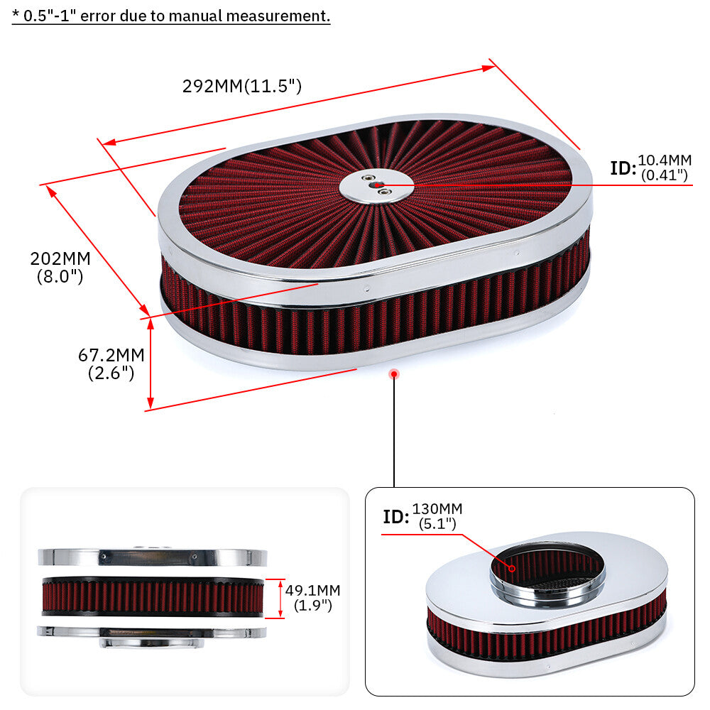 ya 5 8.7 Universal Super Flow 12 Oval Washable Air Cleaner Red Element & Chrome Lid GM